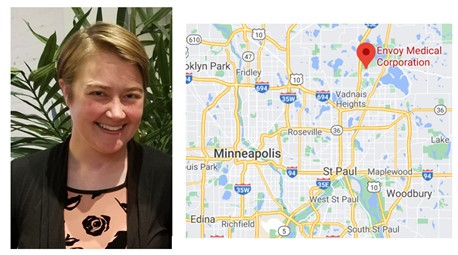 Headshot of Erin O'Neill and map showing location of Envoy Medical
