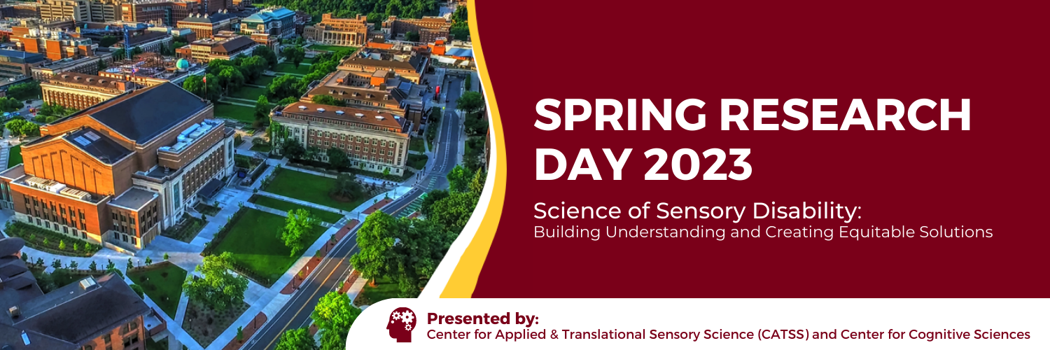 Graphic including an arial view of UMN, the Spring Research Day theme, and sponsoring departments.